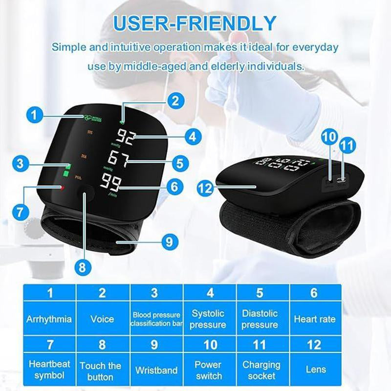 Wrist Blood Pressure Monitor,Rechargeable Blood Pressure Monitor for Home Use, LED Display, Voice Broadcast,Wrist Measuring Instrument, Touch Screen Wrist Blood Pressure Cuff, 99X2 Reading Memory Wrist Blood Pressure Monitor, with Carrying Case.